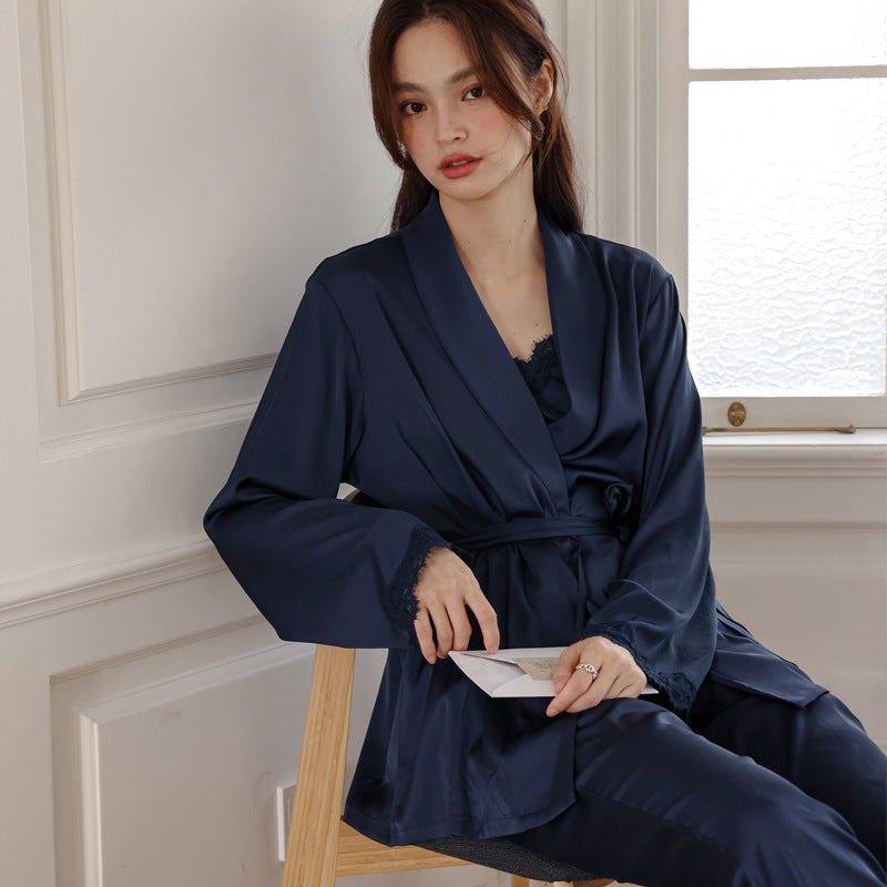 Bridal Lace Trim high quality Ice Silk 3PC Pyjama Set - Navy