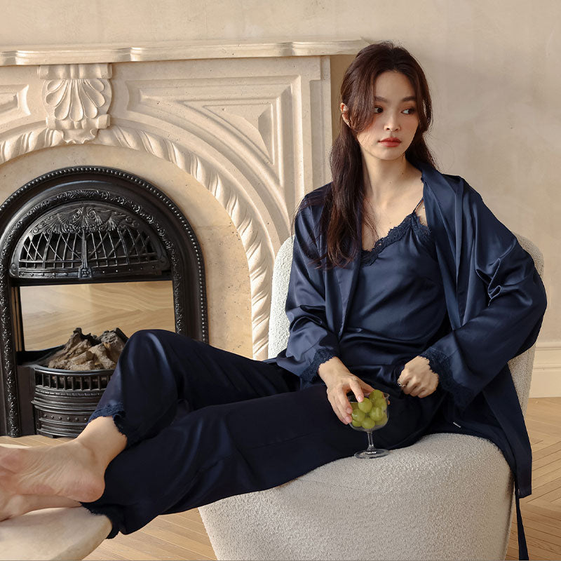 Bridal Lace Trim high quality Ice Silk 3PC Pyjama Set - Navy