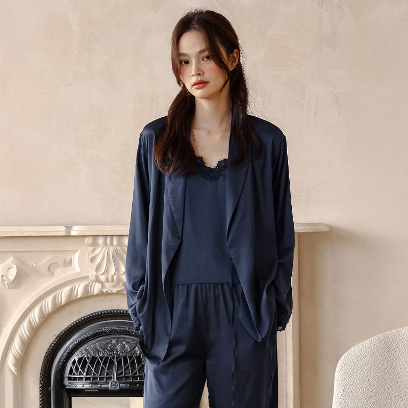 Bridal Lace Trim high quality Ice Silk 3PC Pyjama Set - Navy