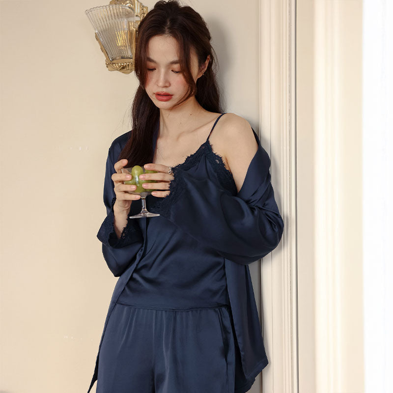 Bridal Lace Trim high quality Ice Silk 3PC Pyjama Set - Navy