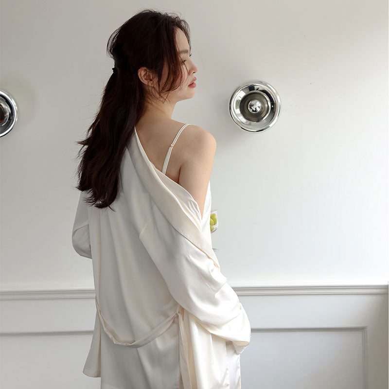 Bridal Lace Trim high quality Ice Silk 3PC Pyjama Set - Ivory