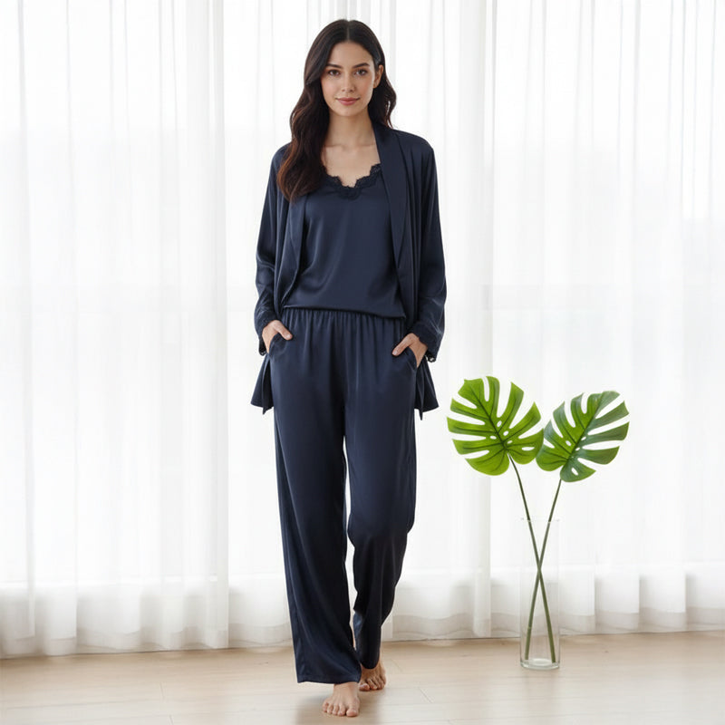 Bridal Lace Trim high quality Ice Silk 3PC Pyjama Set - Navy