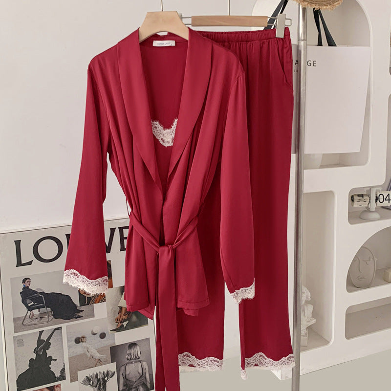 Bridal Lace Trim high quality Ice Silk 3PC Pyjama Set - Red