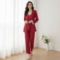 Bridal Lace Trim high quality Ice Silk 3PC Pyjama Set - Red