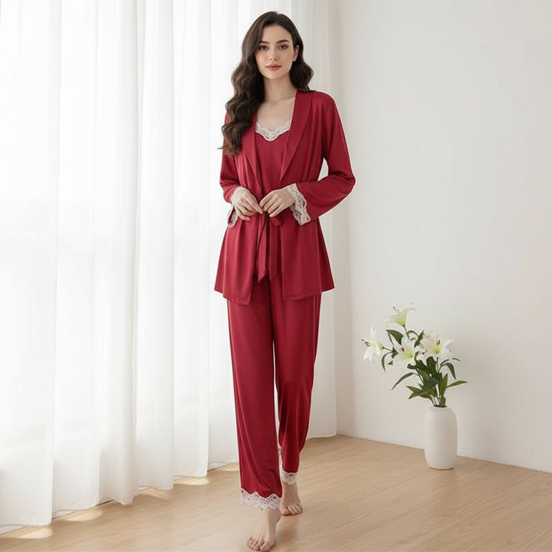 Bridal Lace Trim high quality Ice Silk 3PC Pyjama Set - Red