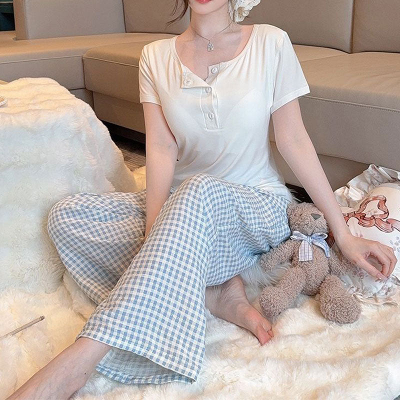 Gingham Plaid Padded 3PC Pajama Set