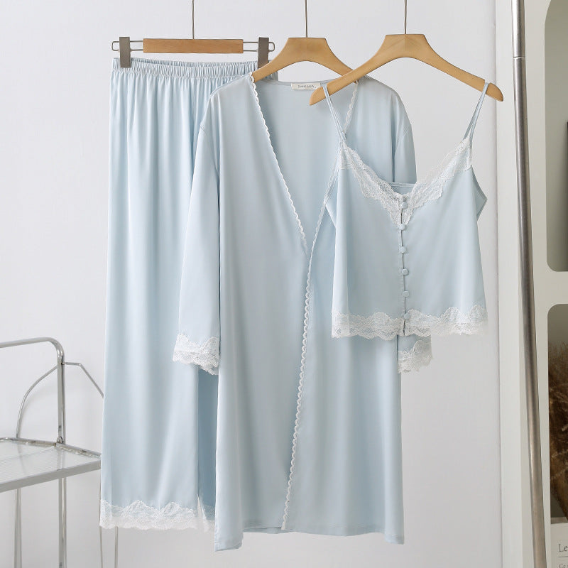 Bridal Ice Silk Lace 3PC Pajama Set - Light Blue