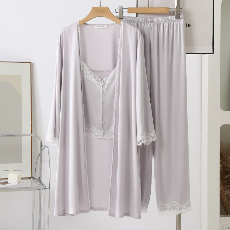 Bridal Ice Silk Lace 3PC Pajama Set - Purple