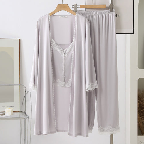 Bridal Ice Silk Lace 3PC Pajama Set - Purple