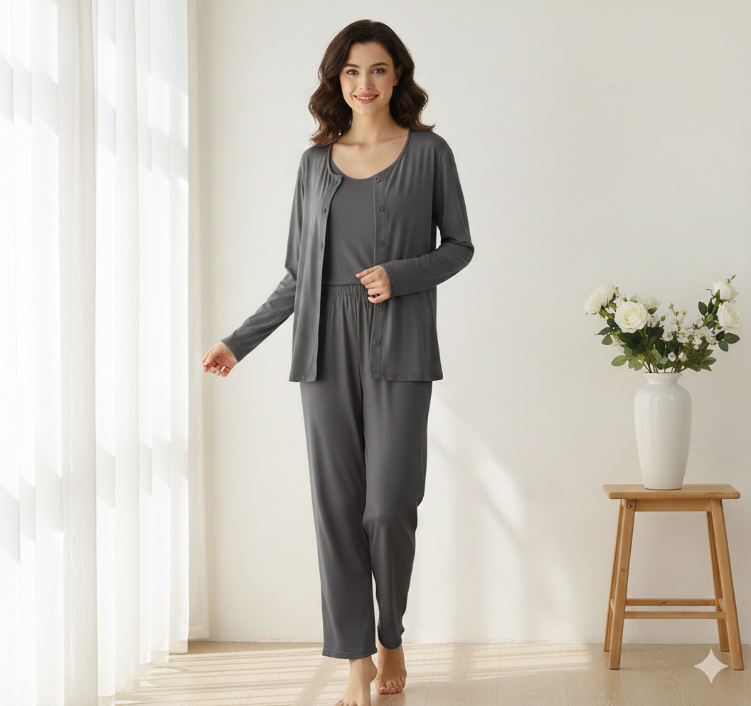 Grey Modal Long Sleeve 3pc Pajama Set
