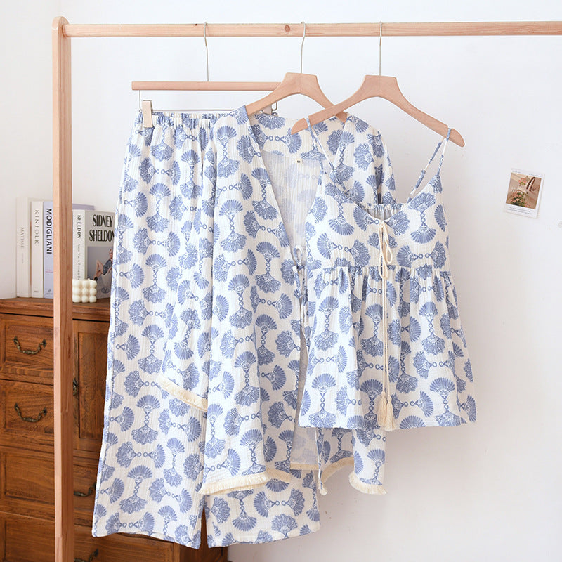 Cotton Lace Tie Up AOP 3PC Pajama Set