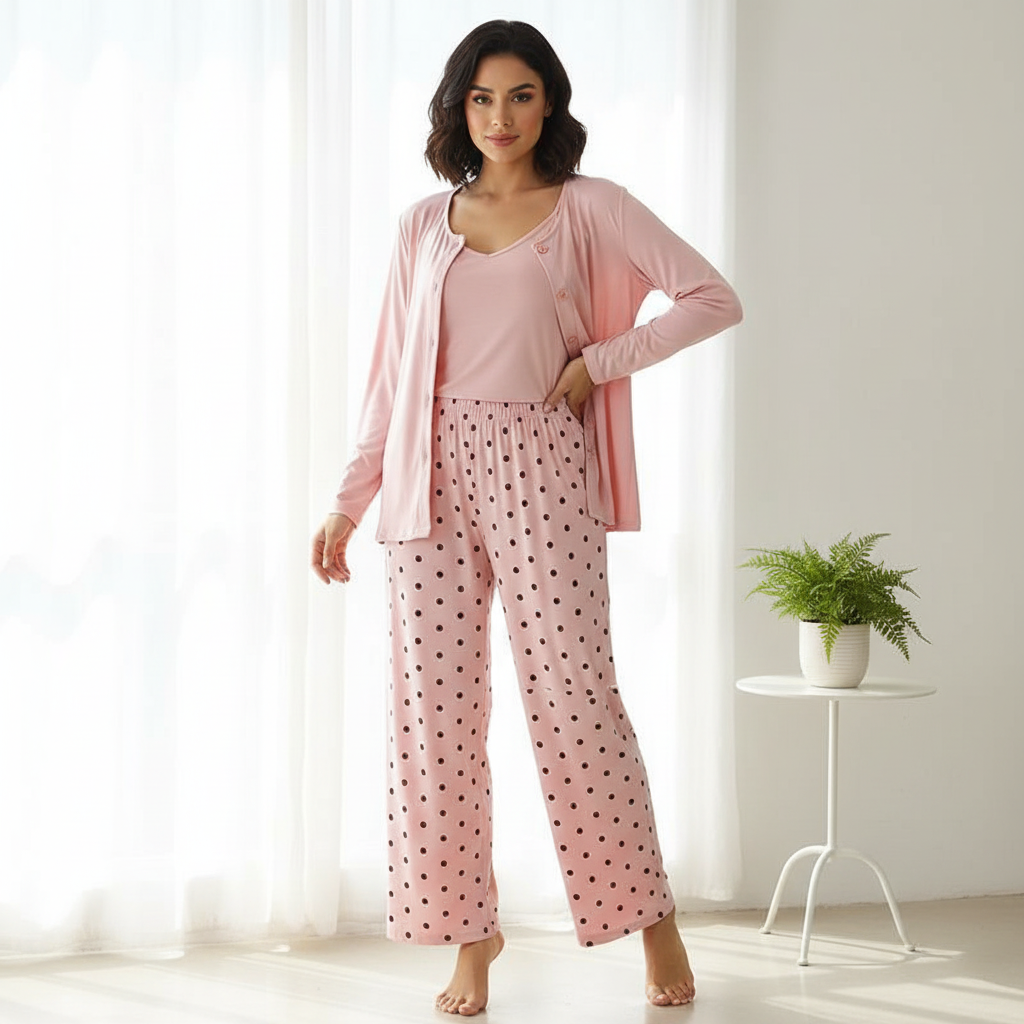 Pink Mini Polka Dots 3PC Lounge Pajama Set