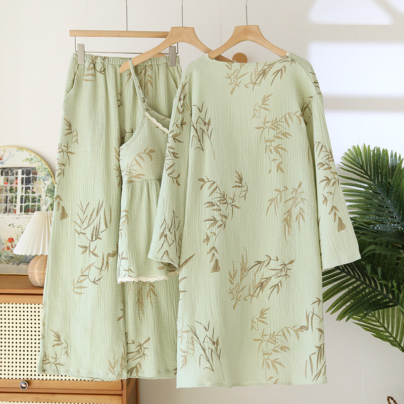 Bamboo Leaf Print Cotton 3PC Pajama Set