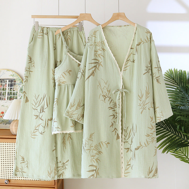 Bamboo Leaf Print Cotton 3PC Pajama Set
