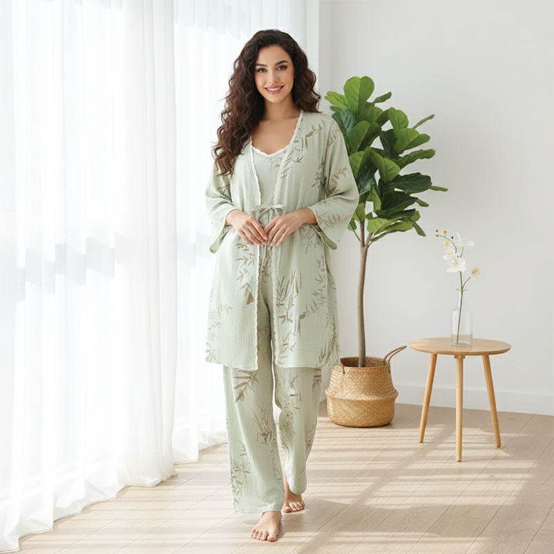 Bamboo Leaf Print Cotton 3PC Pajama Set