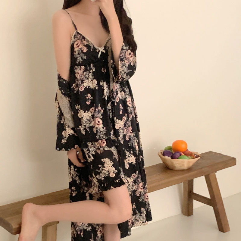 Midnight Garden Floral silk 3PC Robe with Shorts Set