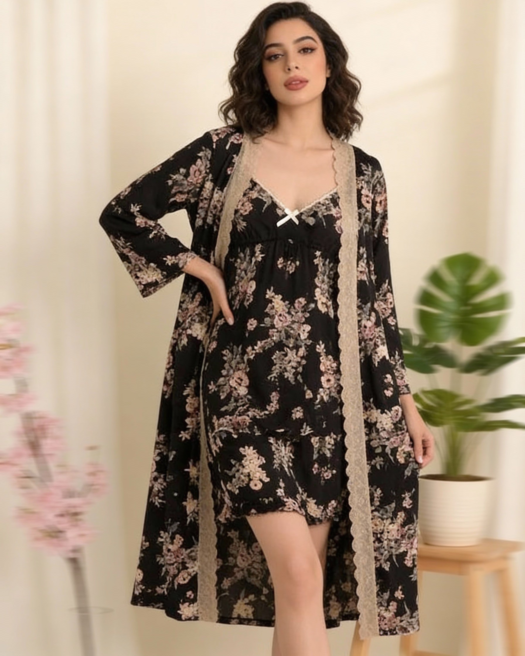 Midnight Garden Floral silk 3PC Robe with Shorts Set