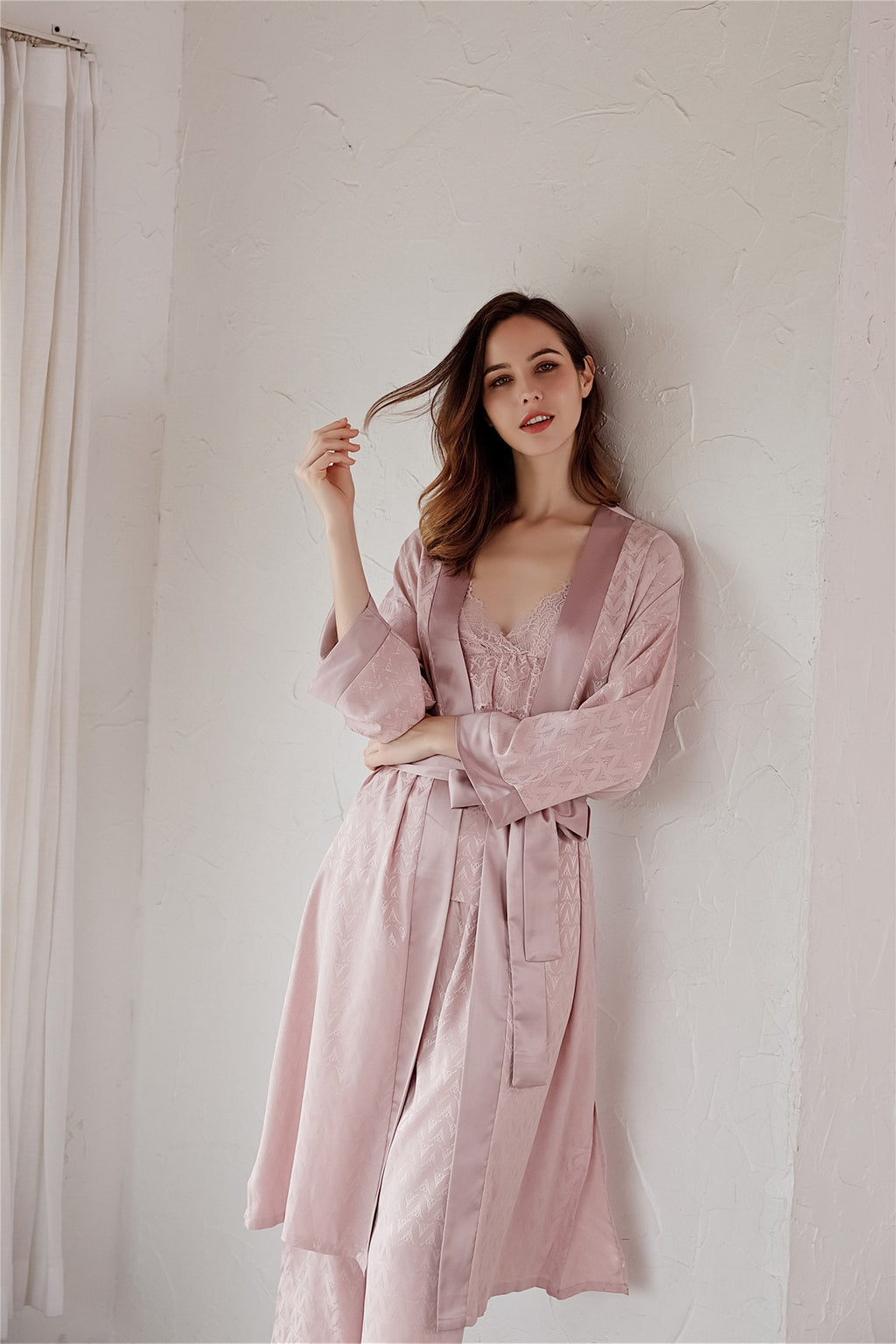 Rose Elegance Silk Lace Lounge 3PC Pajama Set