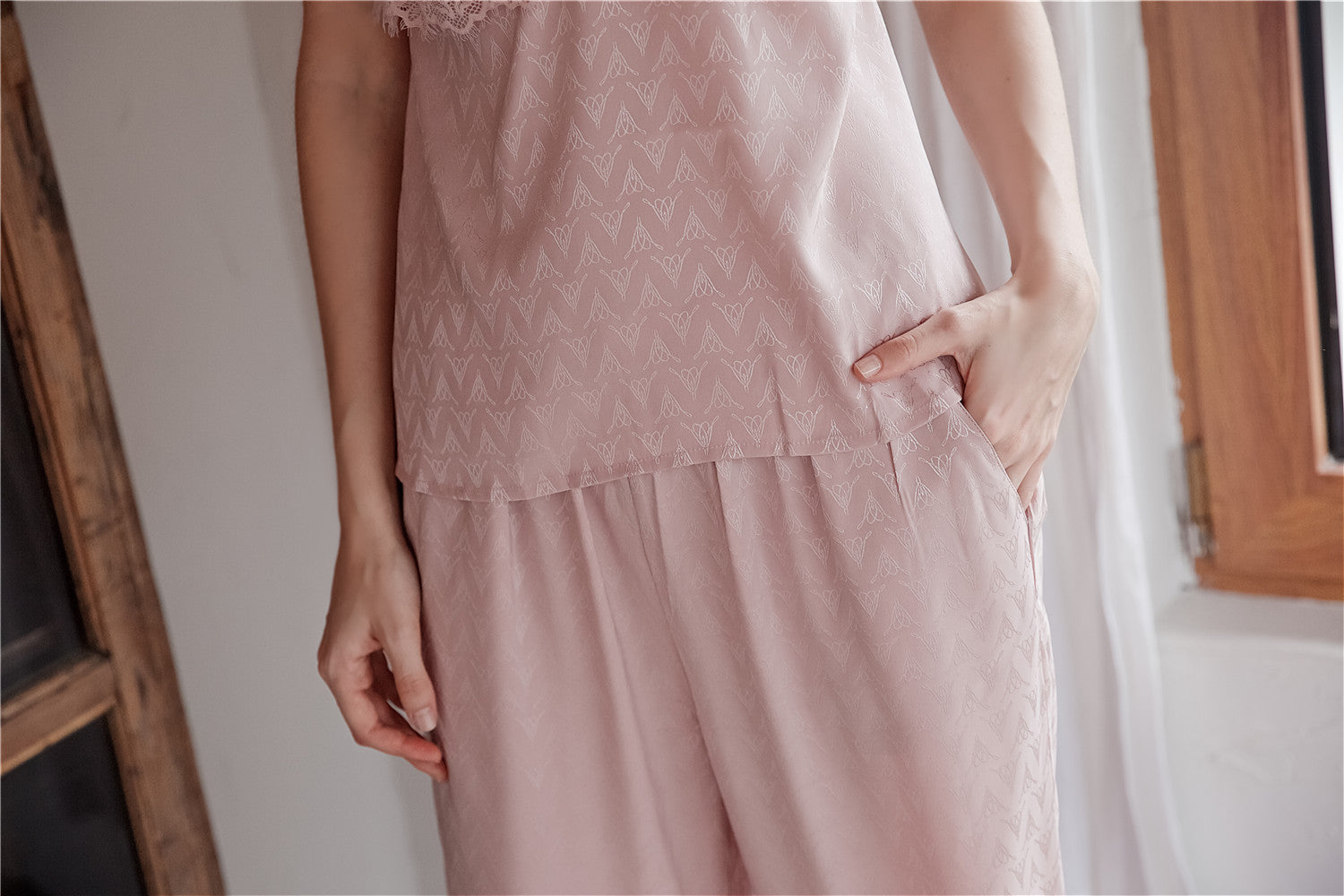 Rose Elegance Silk Lace Lounge 3PC Pajama Set