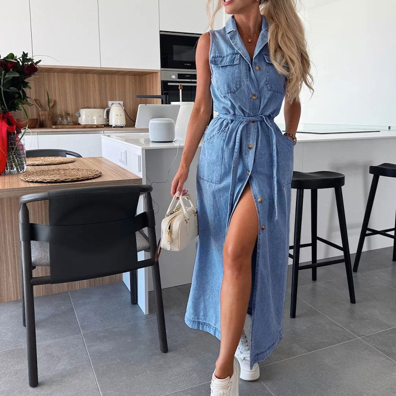 Urban Tie Denim Sleeveless Dress - Blue