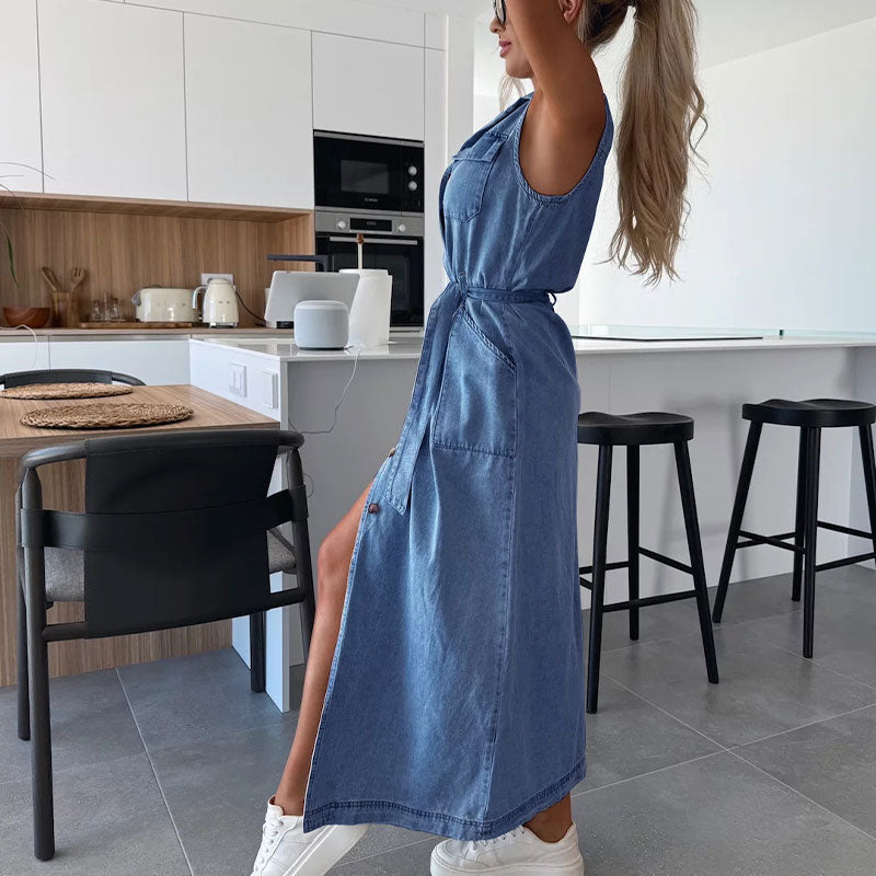 Urban Tie Denim Sleeveless Dress - Blue