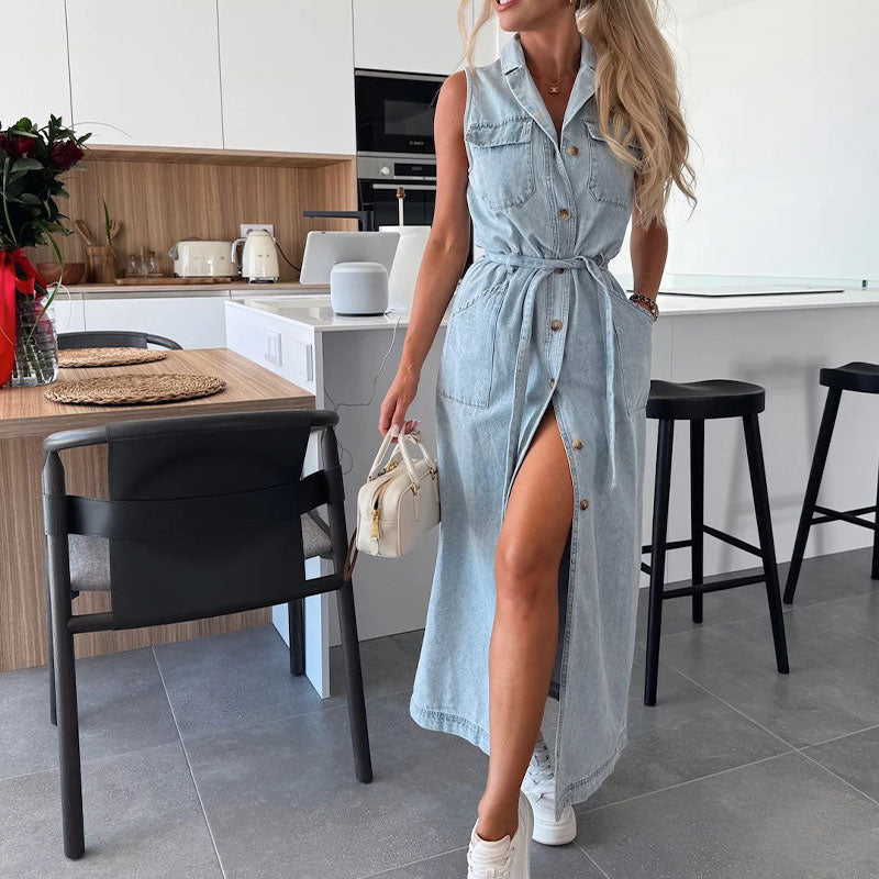 Urban Tie Denim Sleeveless Dress - Denim Blue