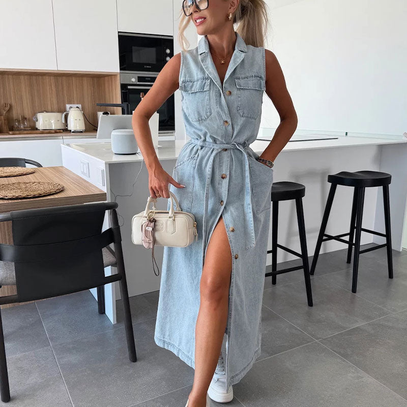 Urban Tie Denim Sleeveless Dress - Denim Blue