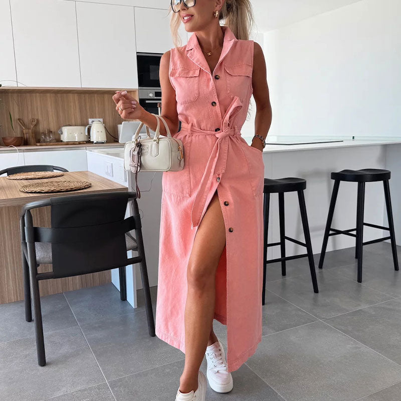 Urban Tie Denim Sleeveless Dress - Pink