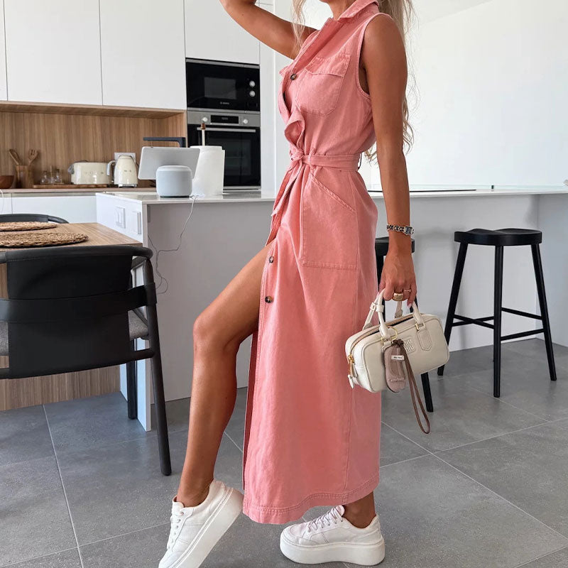 Urban Tie Denim Sleeveless Dress - Pink
