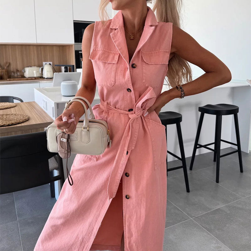 Urban Tie Denim Sleeveless Dress - Pink