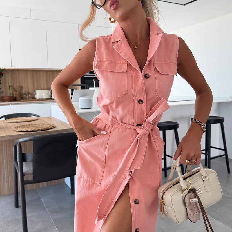 Urban Tie Denim Sleeveless Dress - Pink