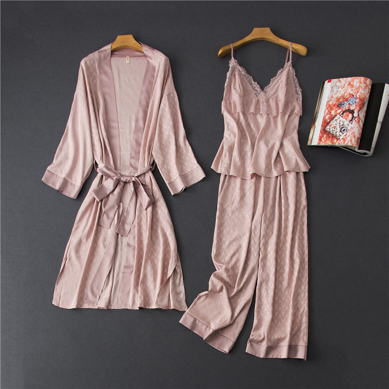 Rose Elegance Silk Lace Lounge 3PC Pajama Set