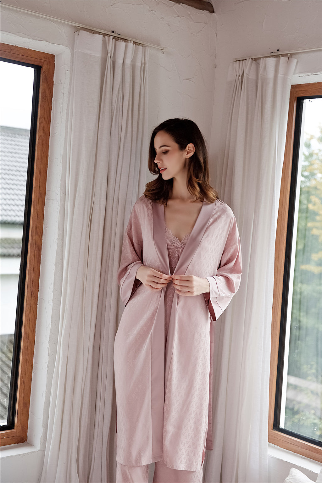 Rose Elegance Silk Lace Lounge 3PC Pajama Set