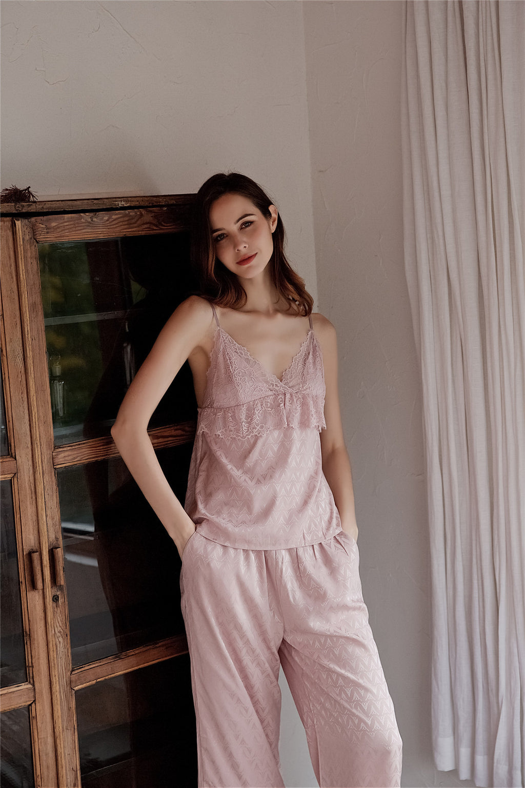 Rose Elegance Silk Lace Lounge 3PC Pajama Set