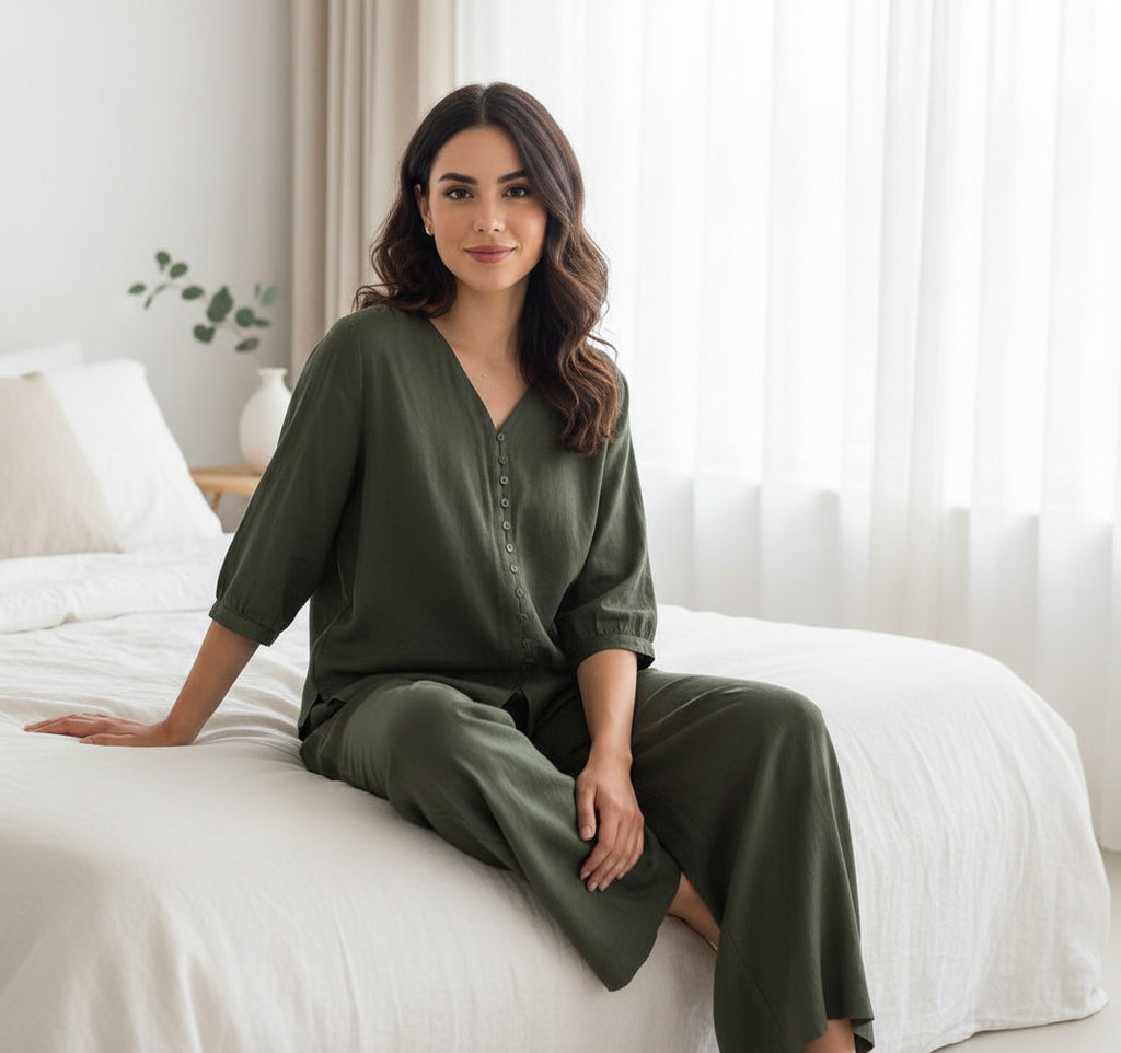 Casual 3/4 Sleeves Solid Slim Pajama Set - Olive Green