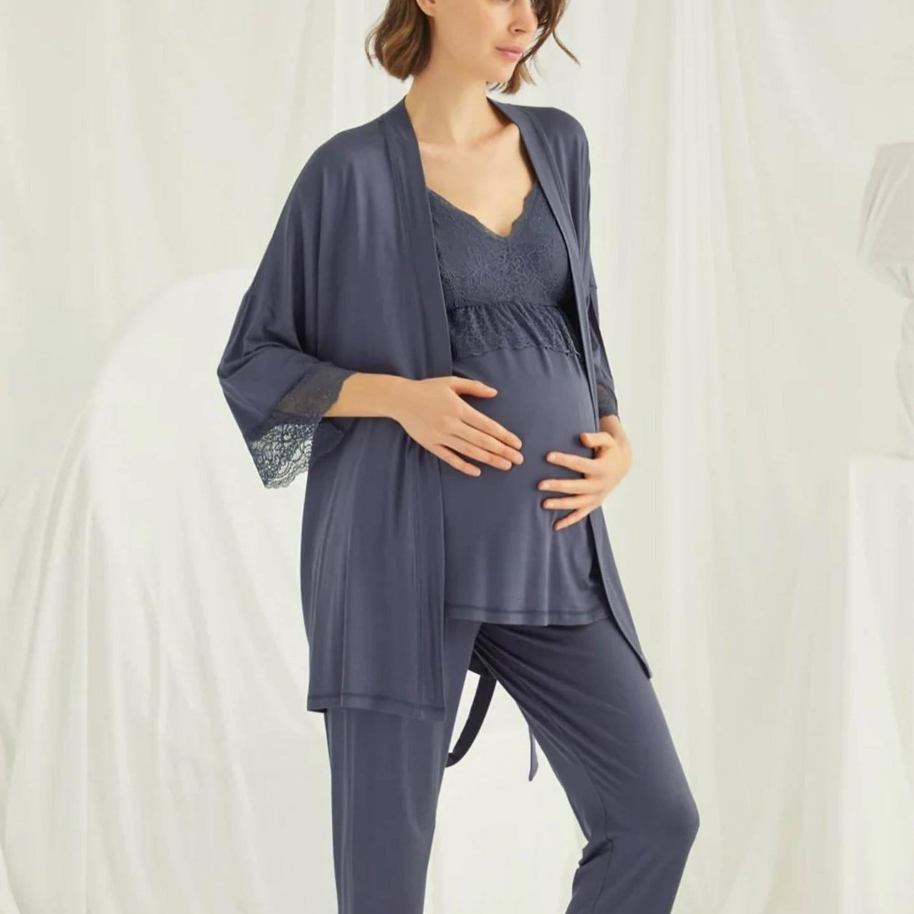 Maternity Lace-Trim Nursing 3PC Pajama Set - Blue