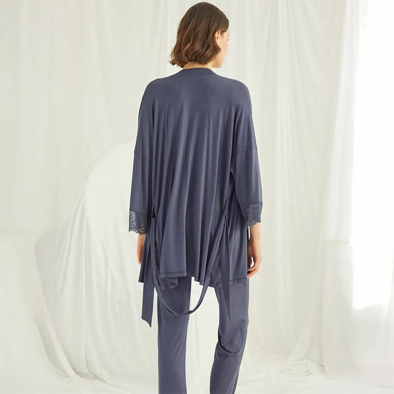 Maternity Lace-Trim Nursing 3PC Pajama Set - Blue