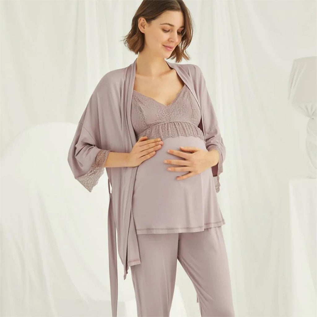 Maternity Lace-Trim Nursing 3PC Pajama Set - Pink
