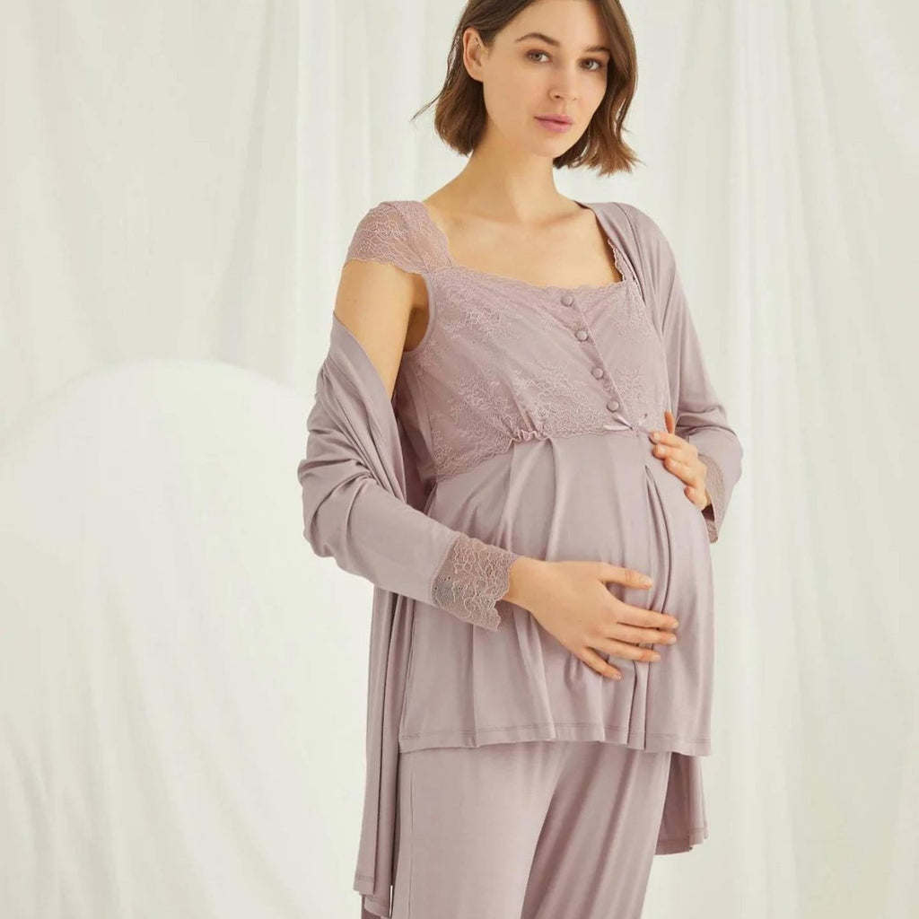 Maternity Lace-Trim Nursing 3PC Pajama Set - Pink