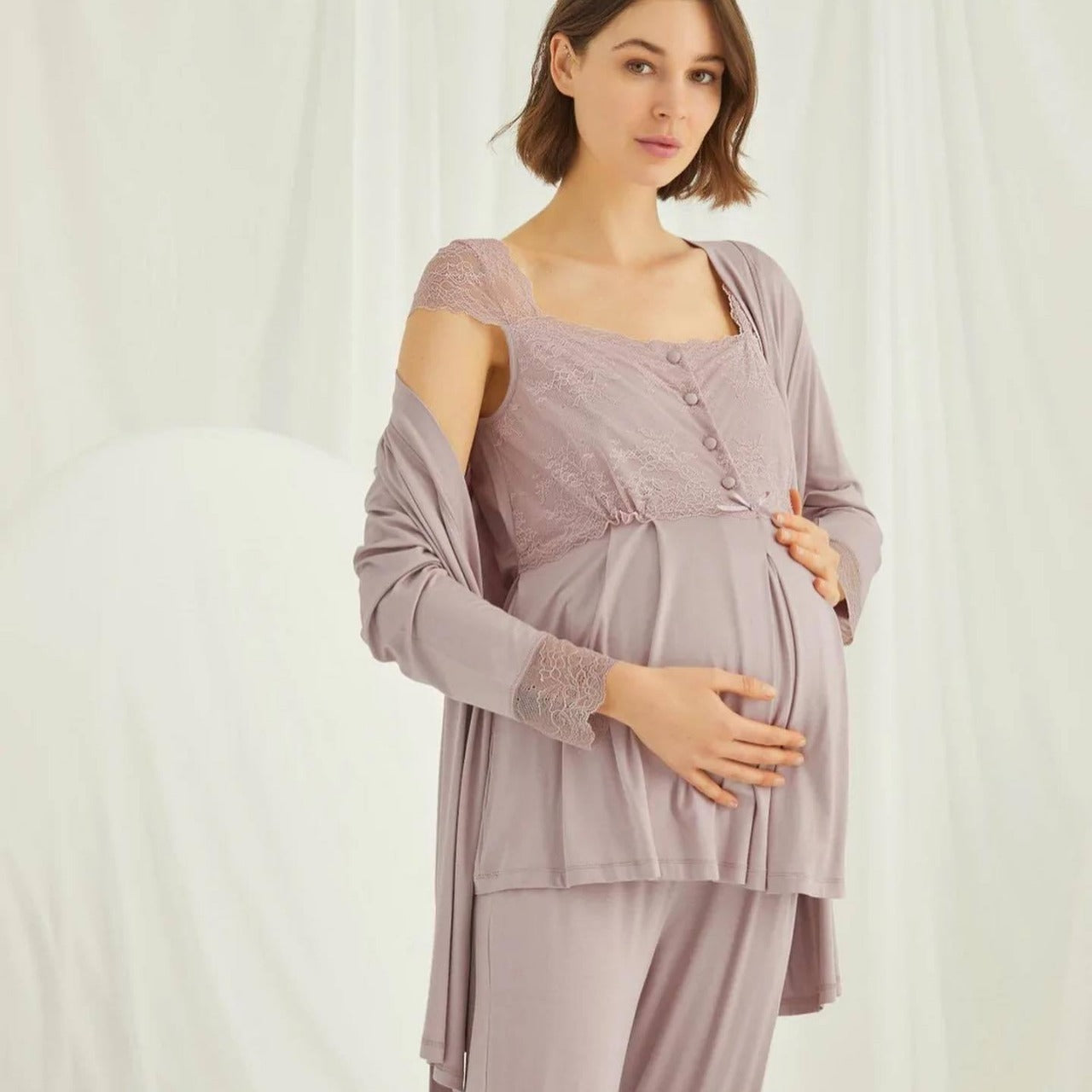 Maternity Lace-Trim Nursing 3PC Pajama Set - Pink