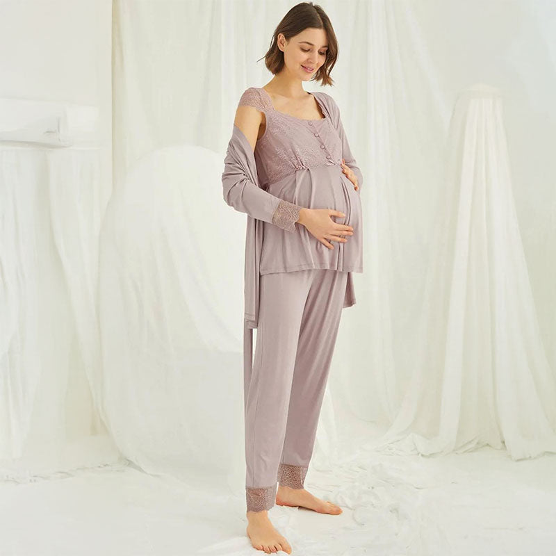 Maternity Lace-Trim Nursing 3PC Pajama Set - Pink