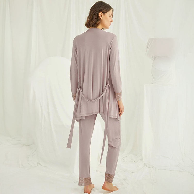 Maternity Lace-Trim Nursing 3PC Pajama Set - Pink