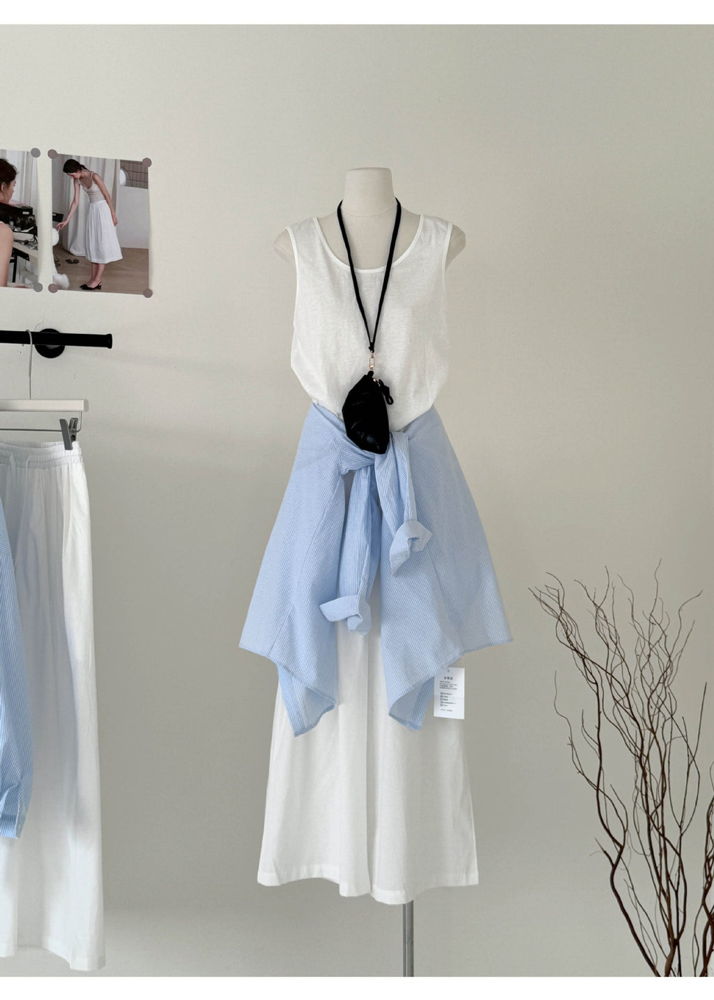 Light Cotton Back Slit Tie-up Striped 3PC Set