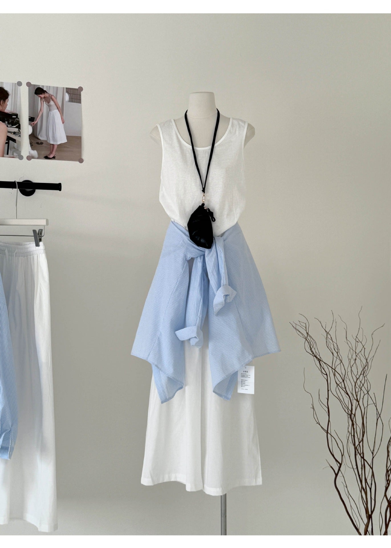 Light Cotton Back Slit Tie-up Striped 3PC Set
