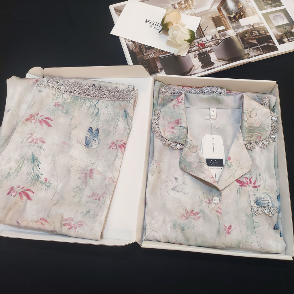 Lace Lined Butterfly Printed Silk Pajama Set