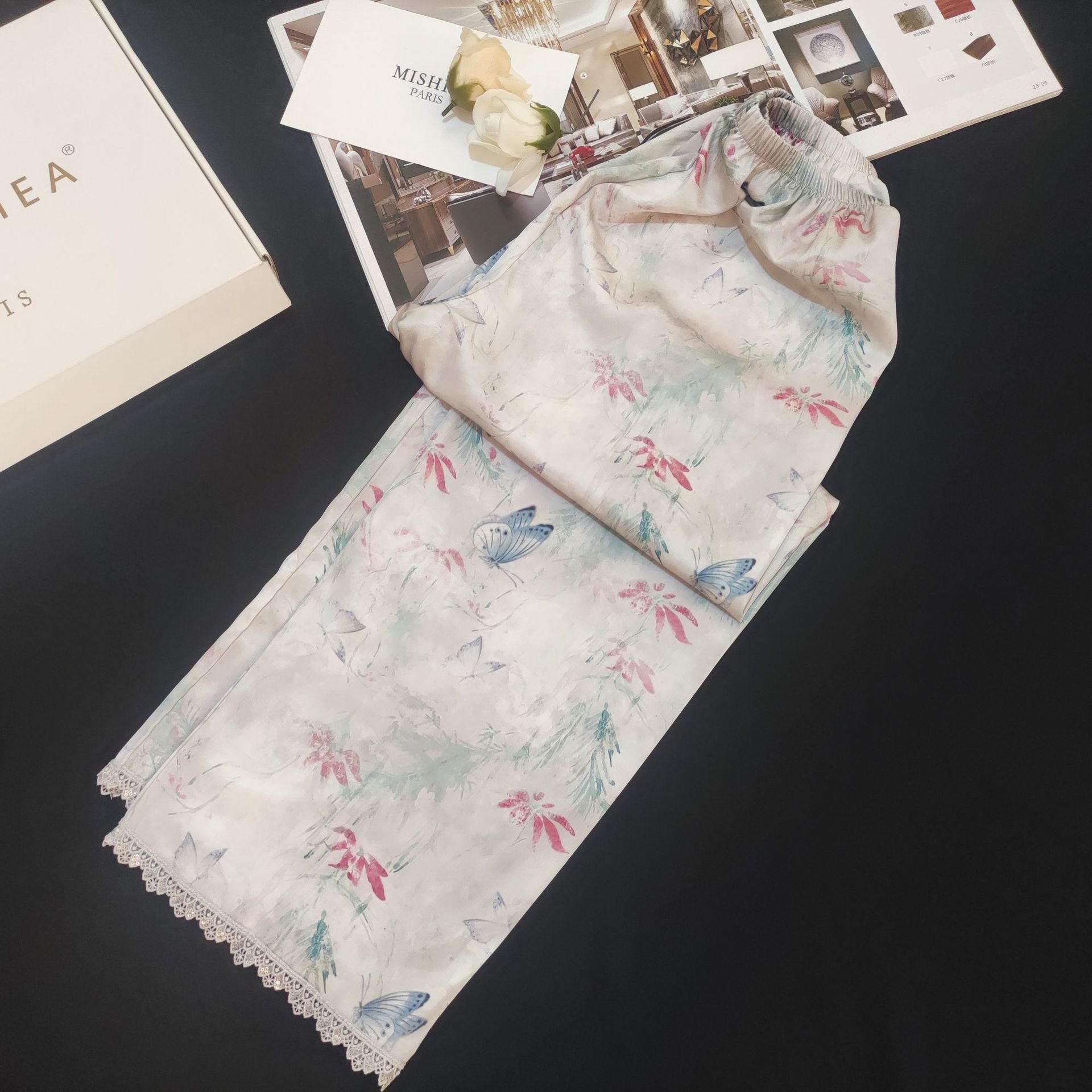 Lace Lined Butterfly Printed Silk Pajama Set