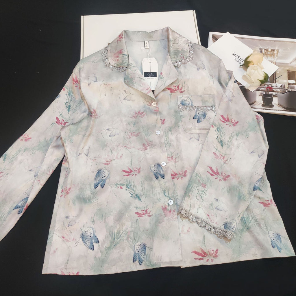 Lace Lined Butterfly Printed Silk Pajama Set