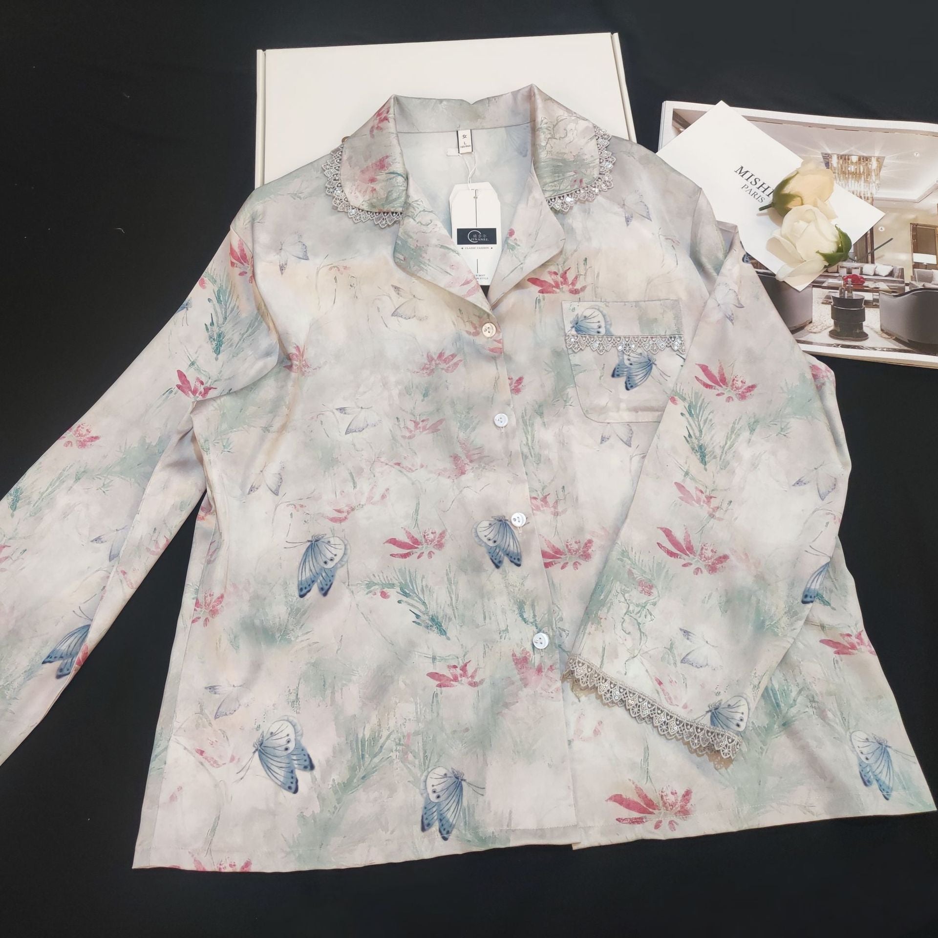 Lace Lined Butterfly Printed Silk Pajama Set