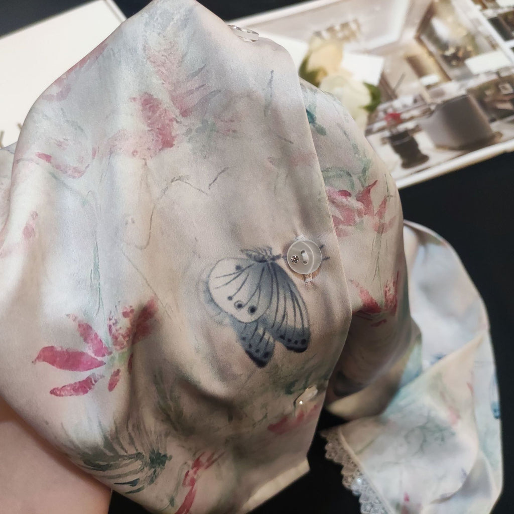 Lace Lined Butterfly Printed Silk Pajama Set