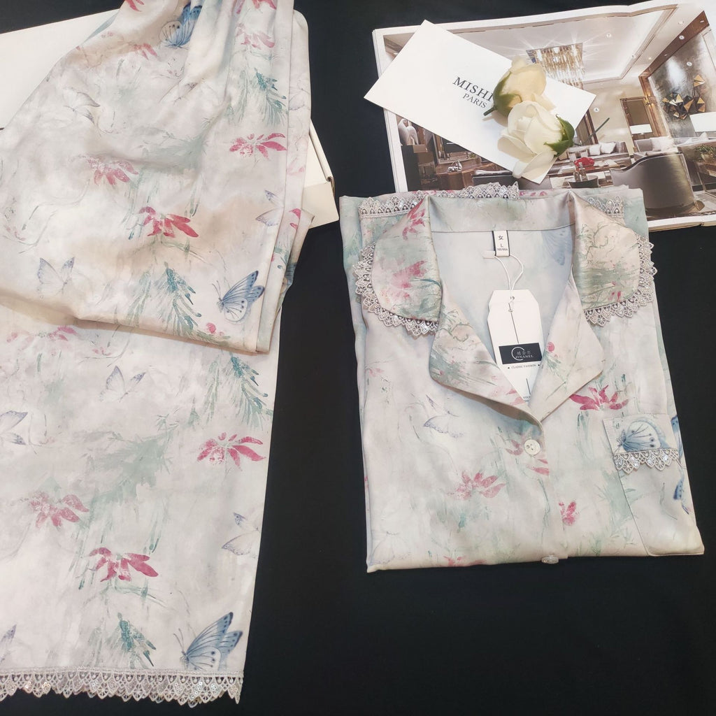 Lace Lined Butterfly Printed Silk Pajama Set